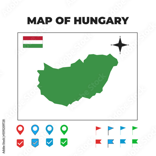 Detailed Vector Map of Hungary with National Flag, Navigation Icons, and Location Pins - Geographic Outline, Silhouette, and Territory Highlight for Central European Travel, Culture, and Design Projec