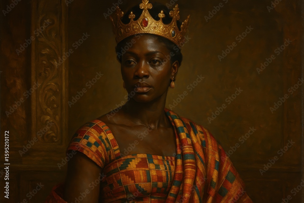 Fototapeta premium Elegant African queen wearing intricate golden jewelry and vibrant kente cloth patterns in renaissance painting style