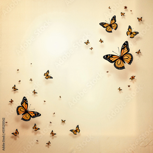 Colorful butterflies flying on a soft beige background  