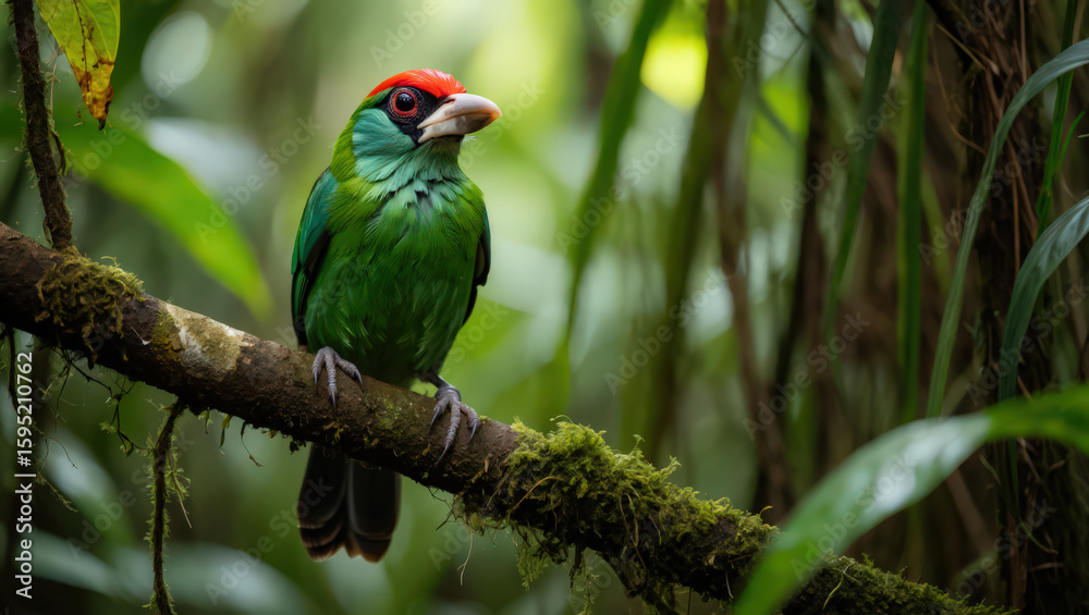 Obraz premium Captivating Crimson-Crowned Barbet Perched on Mossy Branch in Lush Rainforest, Showcasing Vibrant Plumage and Intricate Details of Tropical Wildlife in Natural Setting