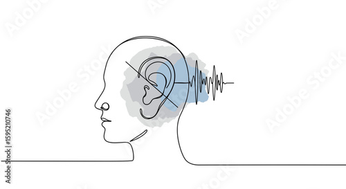 Concept of deafness, hearing loss, silence. One continuous line drawing of a human head in profile with an oversized ear symbol crossed out and with sound waves stopping before reaching the ear
