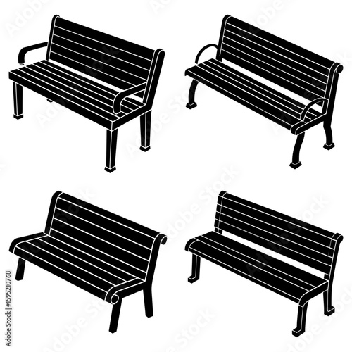 Four black and white isometric park benches with armrests and slatted seats arranged on a white background