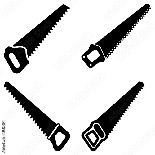 Illustration of four black hand saws with different handle designs arranged on a white background