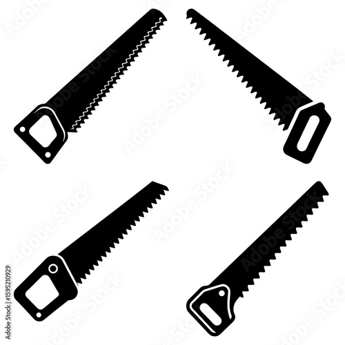 Four black silhouette images of hand saws with rectangular handles and toothed blades arranged nicely