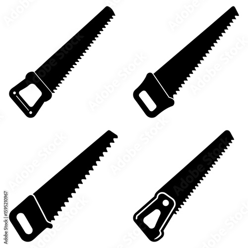 Illustration of four black hand saws with different handle designs on a white background image design