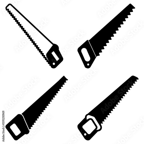 Illustration showing four hand saws with black blades and handles arranged in a symmetrical pattern