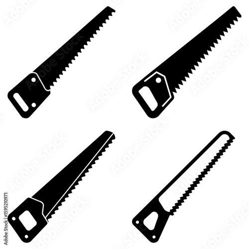 Four black hand saws with different handle designs arranged on a white background symmetrically