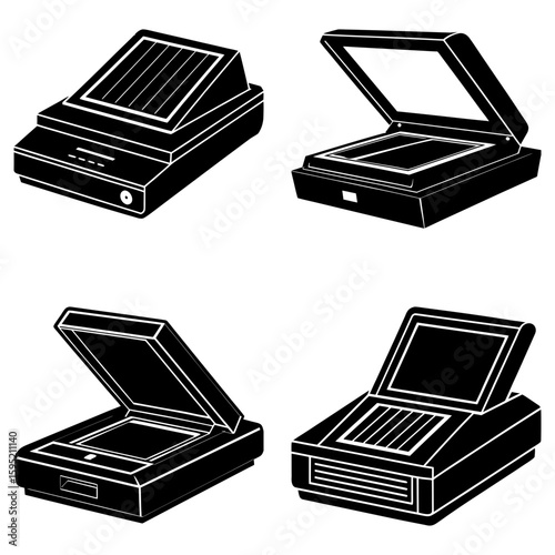 Four black and white illustrations of flatbed scanners in various open and closed positions on a white background