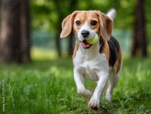 Beagle runs in grass holding tennis ball Focus is on the dogs face and its energetic movement Background is blurred with green foliage and trees