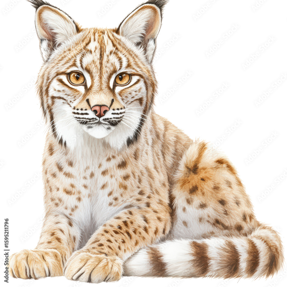 Fototapeta premium Large Wild Cat with Feline Features Lying Down on White Background for Wildlife Conservation and Nature Photography