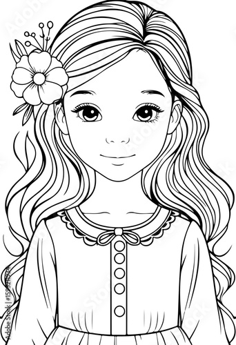 Line Art Coloring Page of Girl with Flower and Ruffled Collar Dress