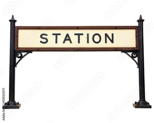 Vintage train station sign on ornate cast iron posts on a transparent background