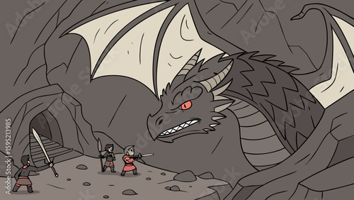 Illustration of three adventurers facing a large dragon in a cave with stairs and rocky terrain