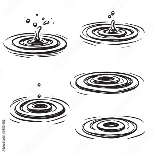 Hand drawn water droplet ripples and splashes with a monochrome sketch style design