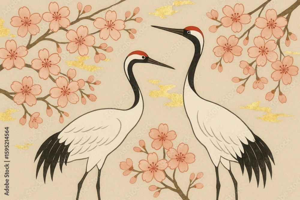 Fototapeta premium Japanese ukiyo-e inspired digital art featuring elegant cranes and cherry blossoms in contemporary minimalist style