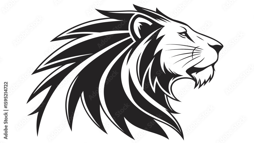 Obraz premium Illustration of a majestic lion head in profile with a striking black and white color scheme design