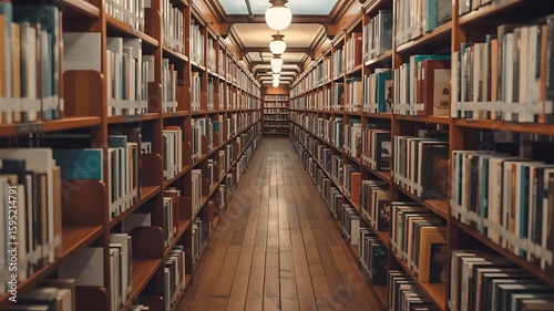 Endless aisles of books in a grand library hall