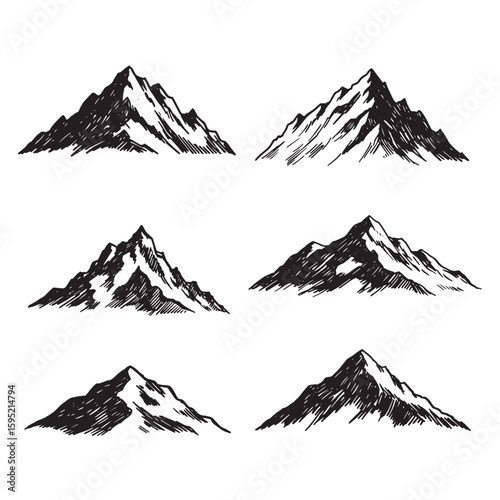 Hand-drawn mountain range set in black and white isolated on white background