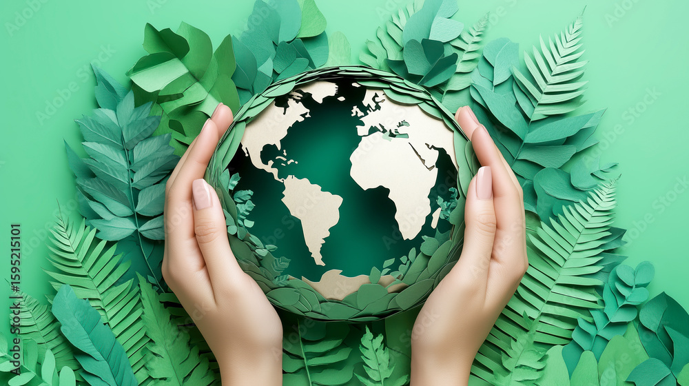 custom made wallpaper toronto digitalPair of hands gently cradles paper cut Earth surrounded by layered green leaves, symbolizing eco friendly protection and sustainability. vibrant design evokes sense of care and environmental