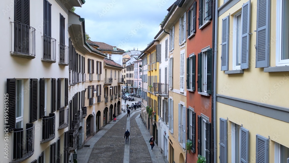 Fototapeta premium Europe, Italy , Milan 07,19,2025 Brera district in downtown of the fashion city , drone aerial view . Brera tourist attraction destination sightseeing for tourist. 