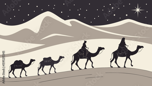 Three wise men riding camels under a starry night sky with a bright star over desert hills scene design