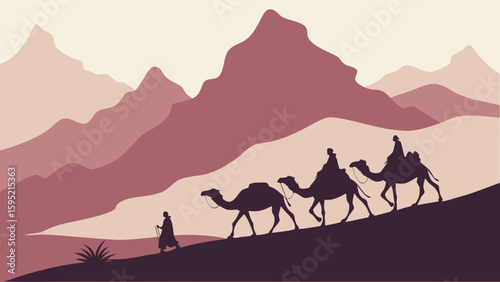 Silhouetted desert caravan of camels and people traversing a mountainous landscape in muted colors