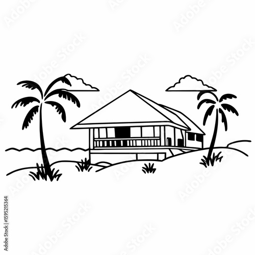 Line art of a tropical resort villa by the beach, with palm trees, thatched roof, and wide verandas