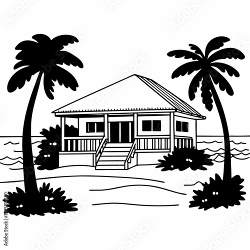 Line art of a tropical resort villa by the beach, with palm trees, thatched roof, and wide verandas
