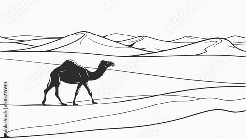 Silhouette of a camel walking across a desert landscape with sand dunes in the background drawing style