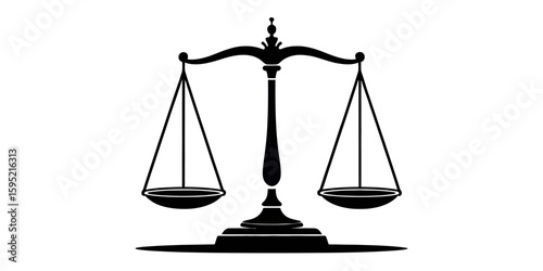 A classic black and white illustration of a justice scale or balance scale symbolizing law fairness and equality on a white background, A simple black and white illustration depicting classic scales
