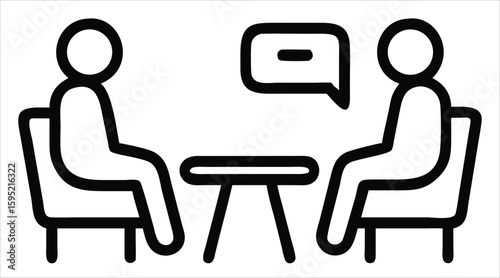 Two people sit facing each other at a table engaged in conversation, with a speech bubble above indicating dialogue and communication. Business communication materials, counseling, and therapy content