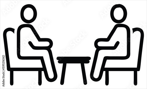 Two stylized figures sit facing each other across a small table, representing a conversation or meeting in a simple modern iconographic style. Business communication materials, counseling and therapy 