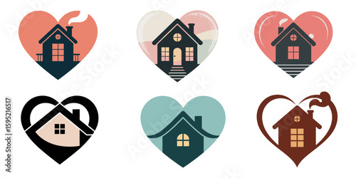 A collection of eight black and white icons including houses hearts a key and a lamp in a row format, Heart house home icon simple graphic vector illustration set, family live happy place line outline