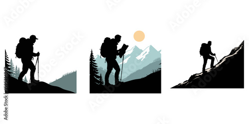 people walking mountain vector, Hiker walking with back bag stick black clipart, flat vector illustration, Hiker silhouette vector set, backpacker walking and jumping with trekking poles, outdoor
