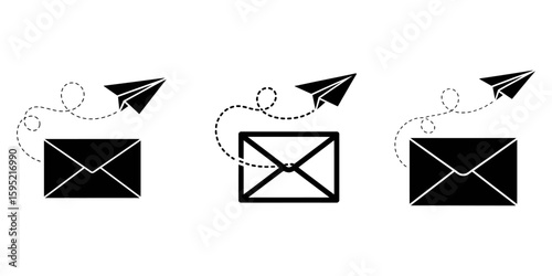 mail envelope icon, later with paper plane silhouette set, Mail symbol collection. Envelope icon line and silhouette style. Envelope, email message and mail buttons. Notification new message icons. 
