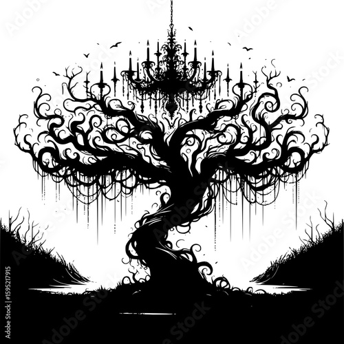 Mysterious Tree of Shadows: A monochrome illustration of a gnarled tree adorned with a chandelier, conjuring a sense of gothic mystery and surreal beauty. 