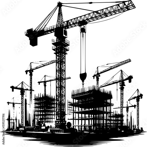 Construction Cranes and Framework: Capturing a dynamic silhouette of construction cranes and building frameworks in a powerful visual.