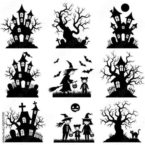 A set of scary Halloween vector silhouettes of people, bats, and a spooky tree illustration for a dark, autumnal night design