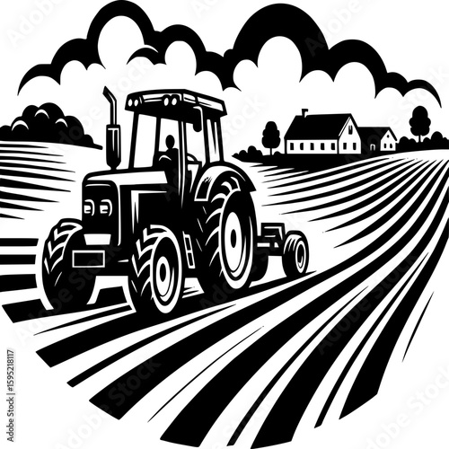 Rural Scene: Tractor Plowing Fields: A stylized silhouette of a tractor navigates a vast agricultural landscape, meticulously tilling the soil with a pair of structures and fluffy clouds overhead.