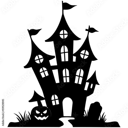 A spooky Halloween castle silhouette with bats and a full moon illuminates the dark, haunted night