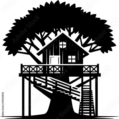 Whimsical Treehouse Silhouette: An inviting treehouse, a charming refuge nestled in the boughs of a grand tree. A whimsical illustration to evoke a sense of wonder and adventure.