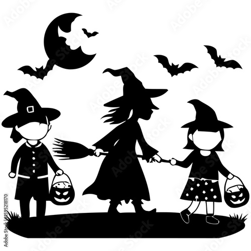 Halloween party illustration with silhouettes of kids and adults in costume featuring icon set in cartoon vector style