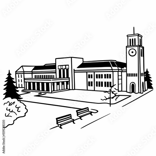 Line art of a university campus with lecture hall, clock tower, and courtyard in technical architectural style