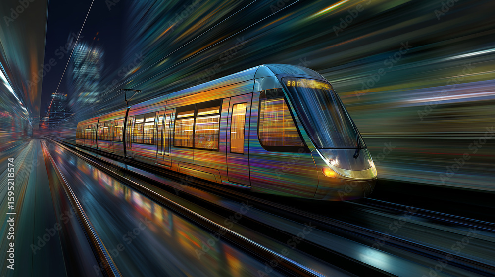 Fototapeta premium Speedy Transit: A modern light rail train, a symbol of efficient transport, speeds through a vibrant cityscape at night, showcasing its dynamic motion.