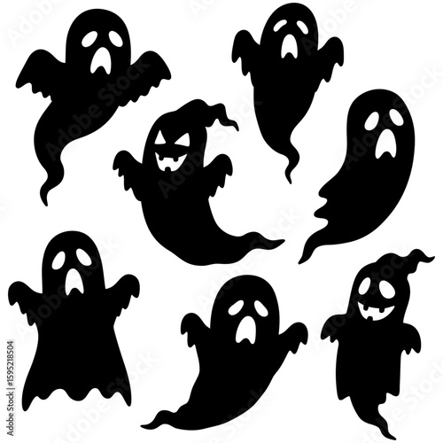 Set of black Halloween ghost silhouette icons