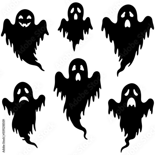 Set of black Halloween ghost silhouette icons