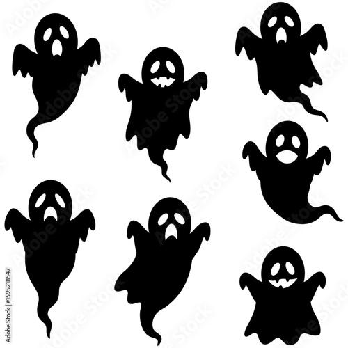 Set of black Halloween ghost silhouette icons