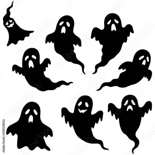 Set of black Halloween ghost silhouette icons