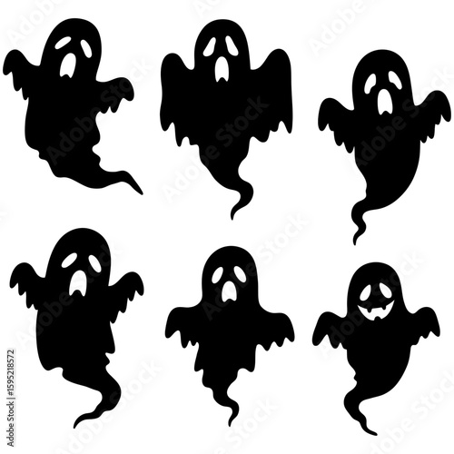 Set of black Halloween ghost silhouette icons