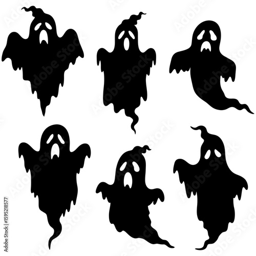 Set of black Halloween ghost silhouette icons